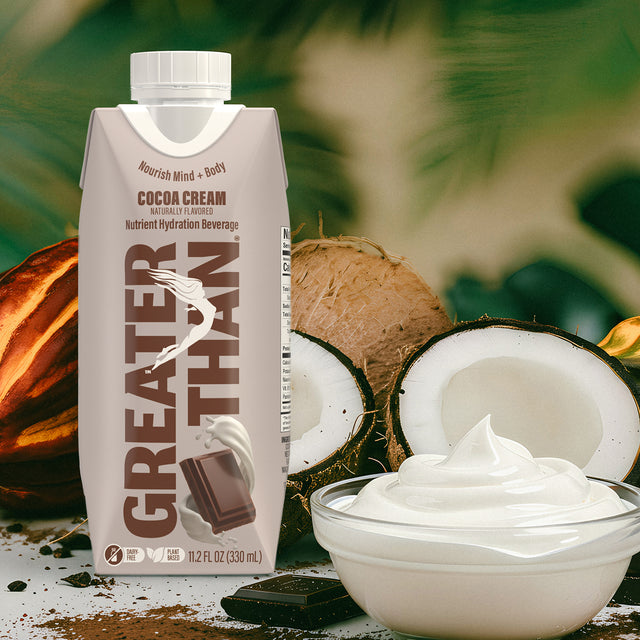 Cocoa Cream: GREATER THAN Cocoa Cream 11.2 oz Tetra Pak, dairy-free coconut water drink