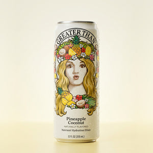 GREATER THAN Pineapple Coconut, coconut water and real fruit juice with electrolytes, single can, front view