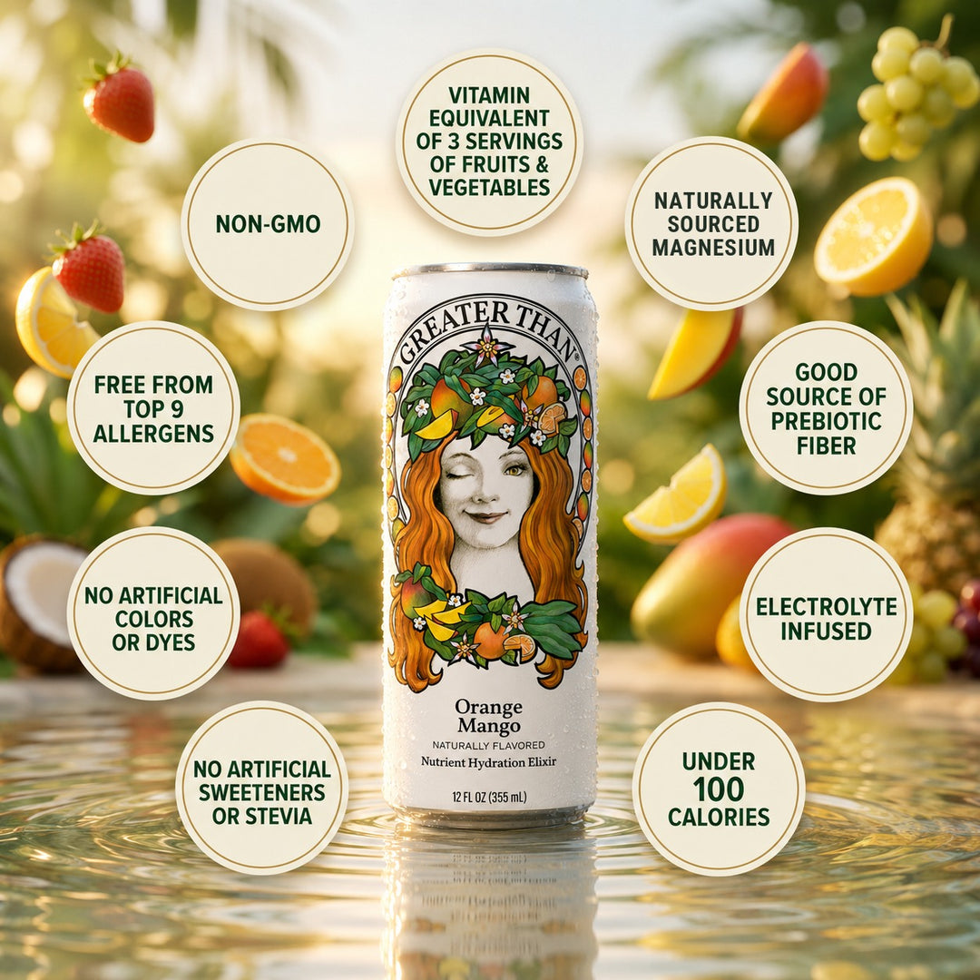 GREATER THAN Orange Mango can surrounded by benefit callouts: non-GMO, free from top 9 allergens, no artificial colors or dyes, no artificial sweeteners or stevia, naturally sourced magnesium, good source of prebiotic fiber, electrolyte infused, under 100 calories, and the vitamin equivalent of 3 servings of fruits and vegetables.