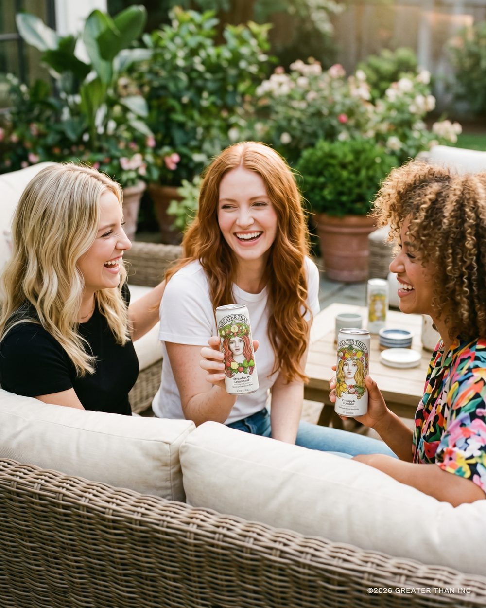 Friends sharing GREATER THAN in the garden