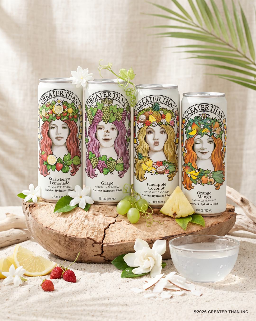 Four GREATER THAN cans on a wooden slice with fresh fruit